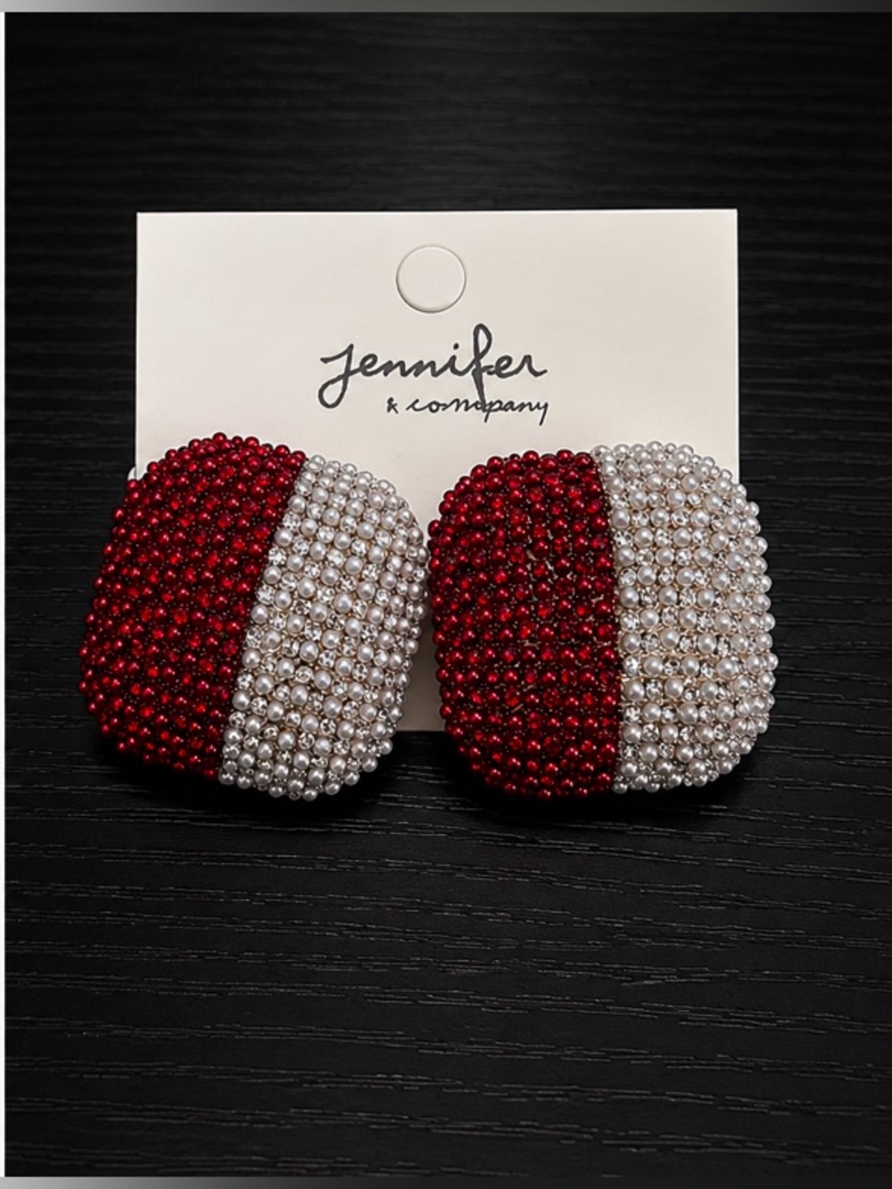 Red and White Beaded Statement Earrings w/ Rhinestones